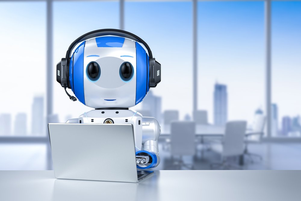 cute artificial intelligence robot with notebook