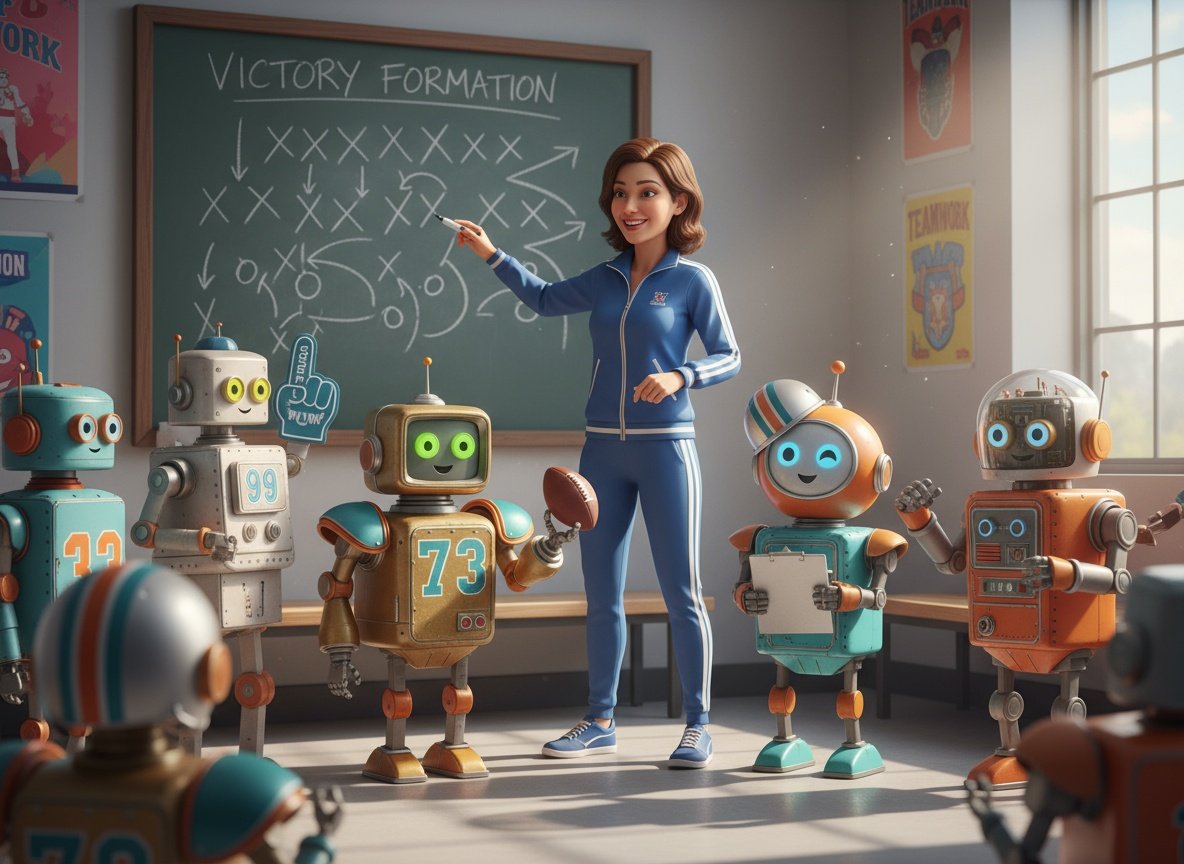 Illustration of a friendly robot coach guiding a smaller robot on a laptop screen – representing AI feedback and collaboration.